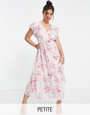 Ever New Petite ruffle shoulder tie waist tiered midaxi dress in pink floral