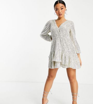 Ever New Petite sequin wrap front frill hem mini dress in silver