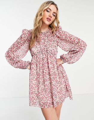 Ever New pintuck blouson sleeve ruched mini dress in blush ditsy floral-Multi