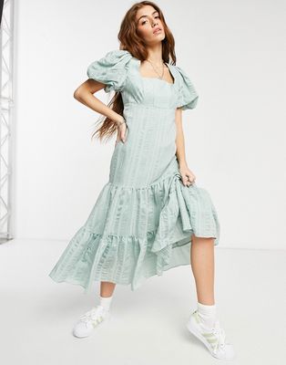 Ever New puff sleeve square neck midaxi smock dress with bow back in soft mint-Green