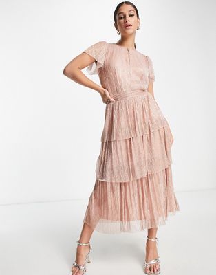 Ever New ruched waist tiered glitter midi dress in rose gold