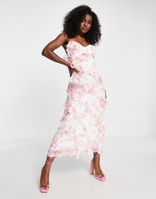 Ever New ruffle midi dress in ivory floral-Multi