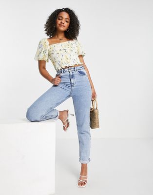 Ever New shirred puff sleeve crop top in yellow floral - part of a set