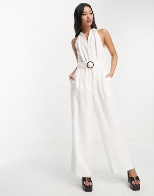 Ever New sleeveless jumpsuit with belt in ivory-White