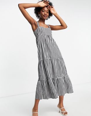 Ever New square neck tiered midi smock dress in gingham-Multi
