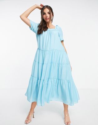 Ever New tiered volume sleeve smock midi dress in bright blue