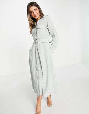 Ever New utility shirt midi dress with pockets and tie waist in sage green