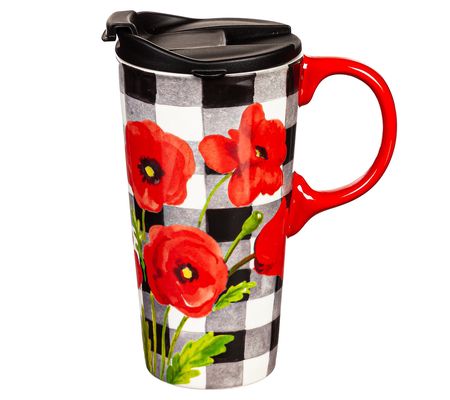 Evergreen 17-oz Ceramic Poppies and Plaid Trave l Cup