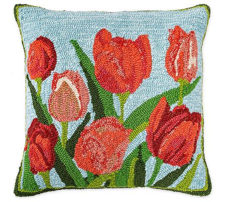 Evergreen 18"sq Indoor/Outdoor Pink Tulips Hook ed Throw Pillow