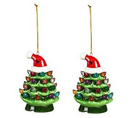 Evergreen 4" LED Ceramic Christmas Tree Ornamen t w/Hat S/2