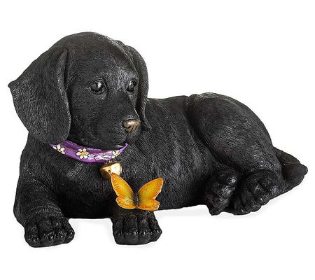 Evergreen Black Lab Puppy Statue With Solar But terfly Statue