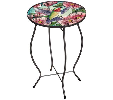 Evergreen Hummingbird & Flowers Glass Outdoor S ide Table