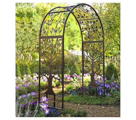 Evergreen Metal Arched Garden Arbor with Tree o f Life Design