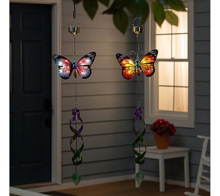 Evergreen Set/2 Glass Butterfly Spinning Solar Hanging Decor