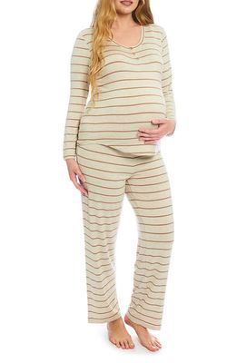 Everly Grey Laina Jersey Long Sleeve Maternity/Nursing Pajamas in Mocha Stripe 