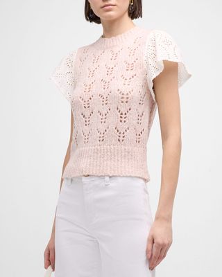 Everly Pointelle Knit Flutter-Sleeve Sweater