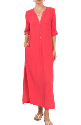 Everyday Ritual Button Front Cotton Gauze Caftan in Coral