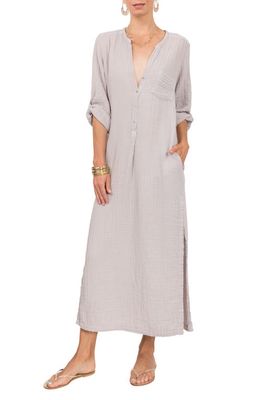 Everyday Ritual Button Front Cotton Gauze Caftan in Lt. Grey