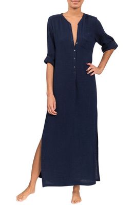 Everyday Ritual Button Front Cotton Gauze Caftan in Navy