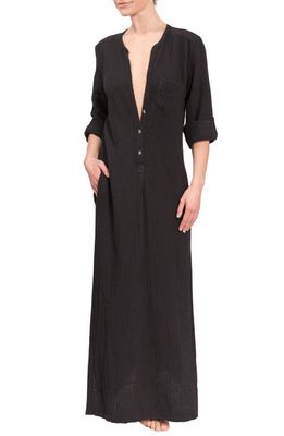 Everyday Ritual Button Front Cotton Gauze Caftan in Onyx
