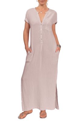 Everyday Ritual Stacey Split Neck Cotton Caftan in Light Grey 