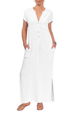 Everyday Ritual Stacey Split Neck Cotton Caftan in White 