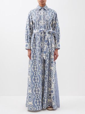 Evi Grintela - Komako Floral-embroidered Cotton-linen Shirt Dress - Womens - Blue
