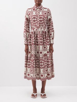 Evi Grintela - Nellie Floral-embroidered Cotton-linen Shirt Dress - Womens - Burgundy