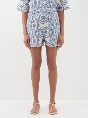 Evi Grintela - Ruby Broderie-anglaise Cotton And Linen Shorts - Womens - Blue White