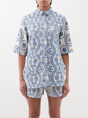 Evi Grintela - Ruth Broderie-anglaise Cotton And Linen Shirt - Womens - Blue White