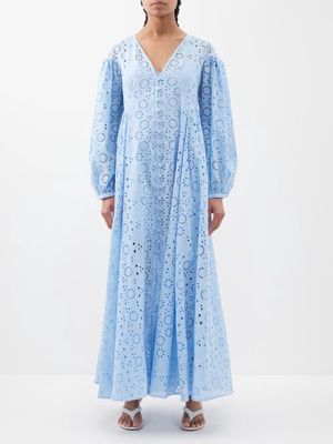 Evi Grintela - Simone Broderie-anglaise Cotton-poplin Maxi Dress - Womens - Light Blue