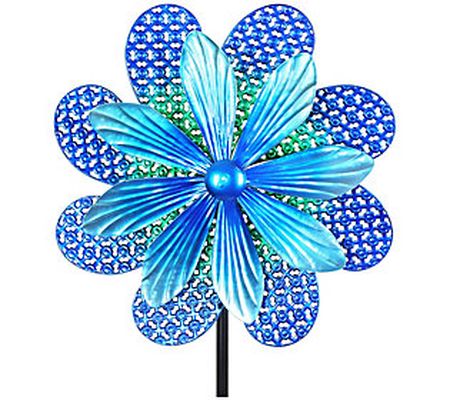 Exhart Stamped Blue Metal Double Flower Spinner Stake