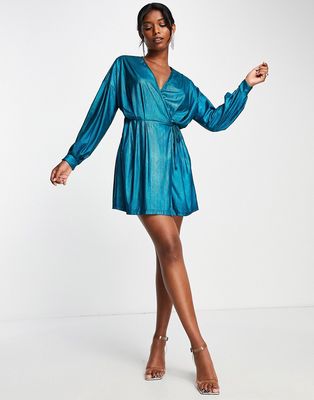 Extro & Vert belted mini dress with balloon sleeves in blue plisse