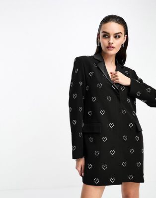 Extro & Vert boxy blazer dress with heart embellishment-Black