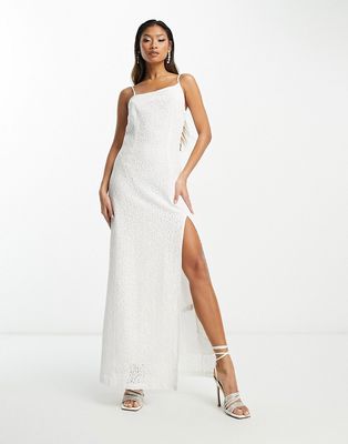 Extro & Vert Bridal asymmetric midaxi lace dress with leg slit-White