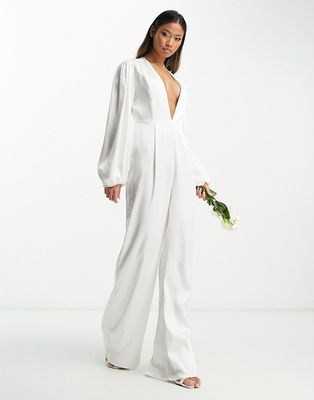 Extro & Vert Bridal plunge front satin jumpsuit with balloon sleeves-White