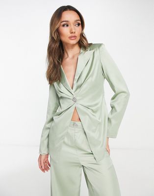 Extro & Vert Bridesmaid fitted satin blazer with heart jewel button - part of a set-Green