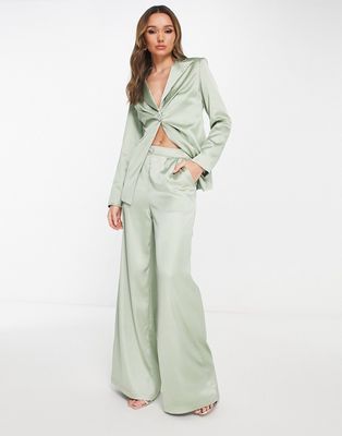 Extro & Vert Bridesmaid pleated satin wide leg pants with heart jewel button - part of a set-Green