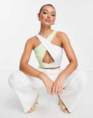 Extro & Vert contrasting wrap around halterneck crop top in lime and off white-Green