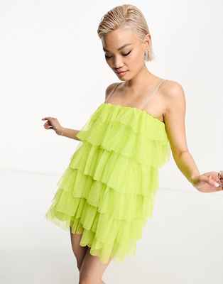 Extro & Vert mini cami dress in tiered chartreuse tulle-Green