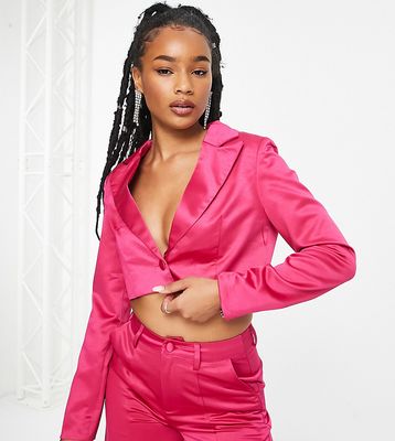 Extro & Vert Petite boxy cropped blazer in hot pink satin - part of a set
