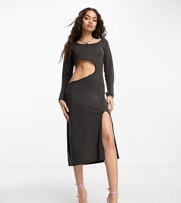 Extro & Vert Petite thick ribbed knit midi dress with cut-out in slate-Gray