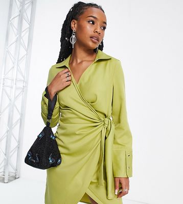 Extro & Vert Petite wrap front mini dress in olive-Green
