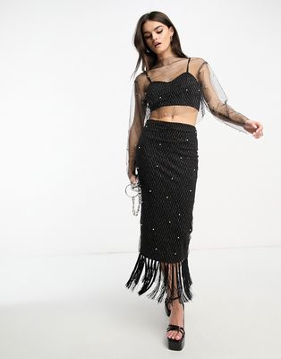 Extro & Vert Premium maxi skirt with pearl embellished layer & fringe in black - part of a set