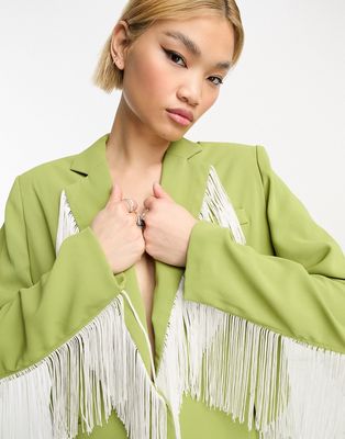 Extro & Vert Premium relaxed blazer with fringe in green & white - part of a set