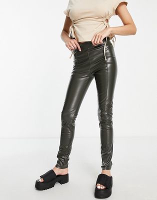 Extro & Vert PU faux leather leggings with seam detail in khaki-Green