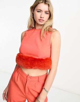 Extro & Vert sleeveless crop top with faux feather hem in orange - part of a set