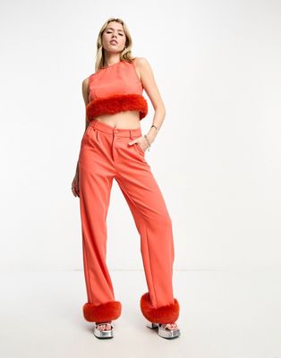 Extro & Vert wide leg pants with faux feather trim in orange - part of a set