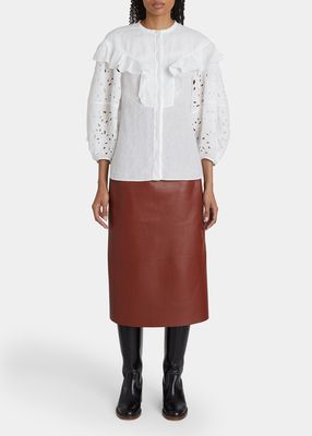 Eyelet-Embroidered Ruffle Voile Linen Blouse