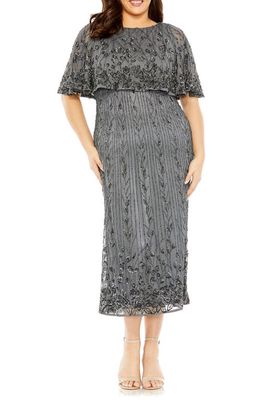 FABULOUSS BY MAC DUGGAL Beaded Popover Cocktail Midi Dress in Pewter